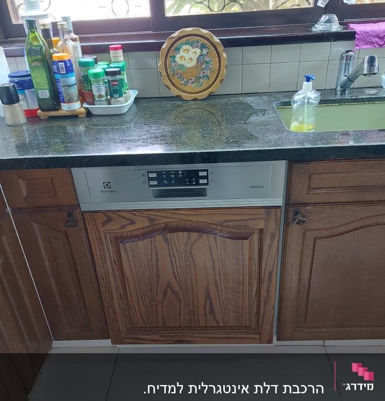 מדיח כלים במטבח עם ארונות עץ